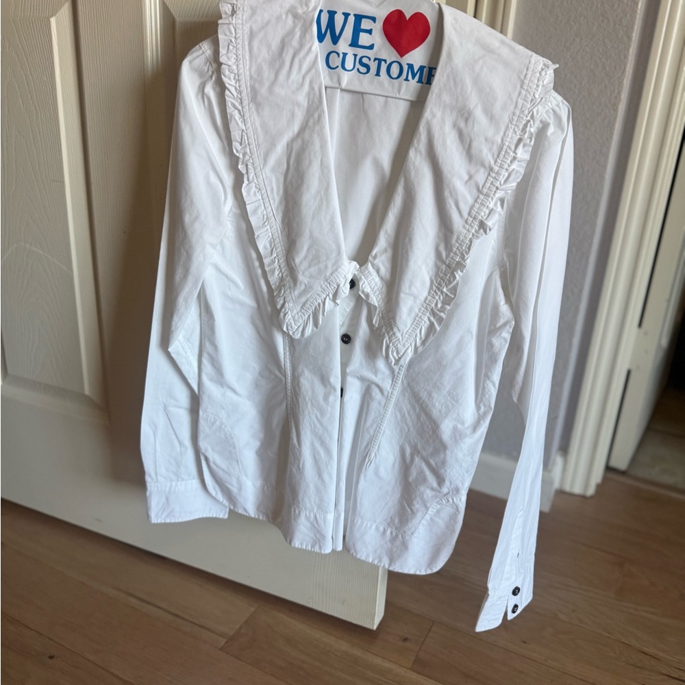 Ganni White Blouse with Ruffled Collar